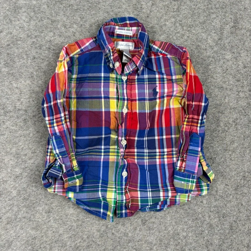 Ralph Lauren Button Down Shirt Unisex 12 Month Multi-Color Plaid Madras Preppy